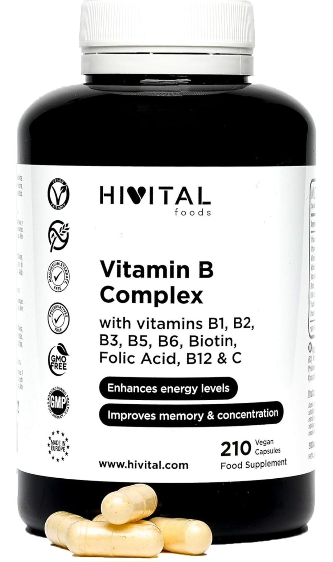 Complejo Vitaminas B con B1, B2, B3, B5, B6, B12 | Biotina y Ácido Fólico | Suplemento alimenticio