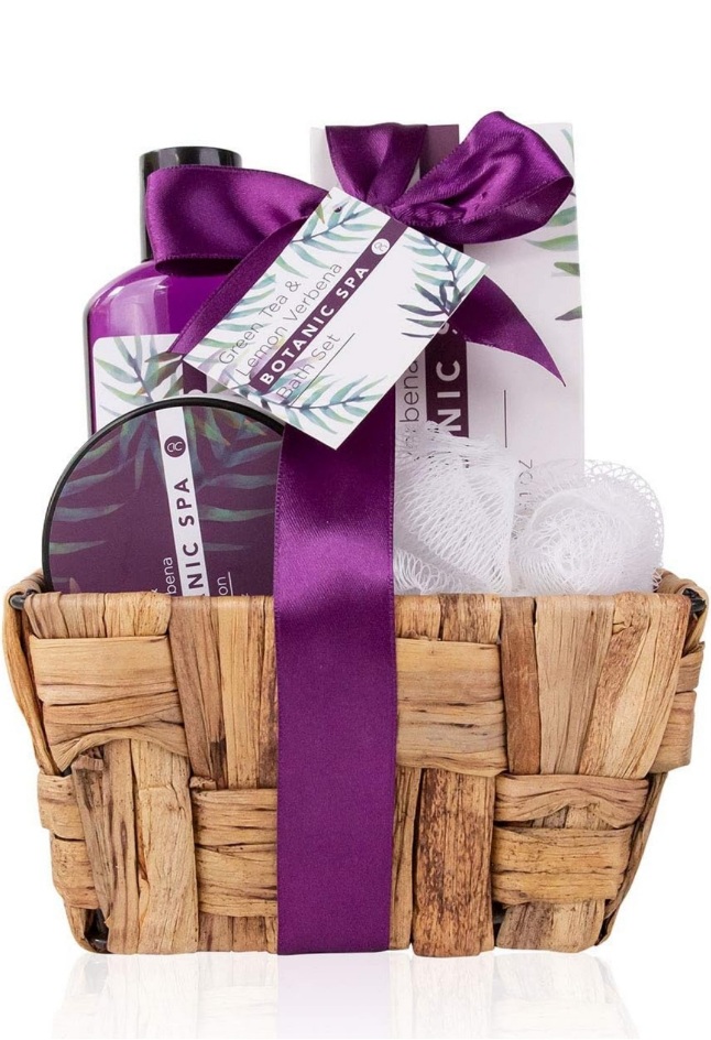 set de baño Botanic SPA para mujer en una cesta de hierbas marina - Set de cuidado de 4 piezas con gel de ducha, sales de baño, loción corporal y esponja de red - Set de regalo SPA