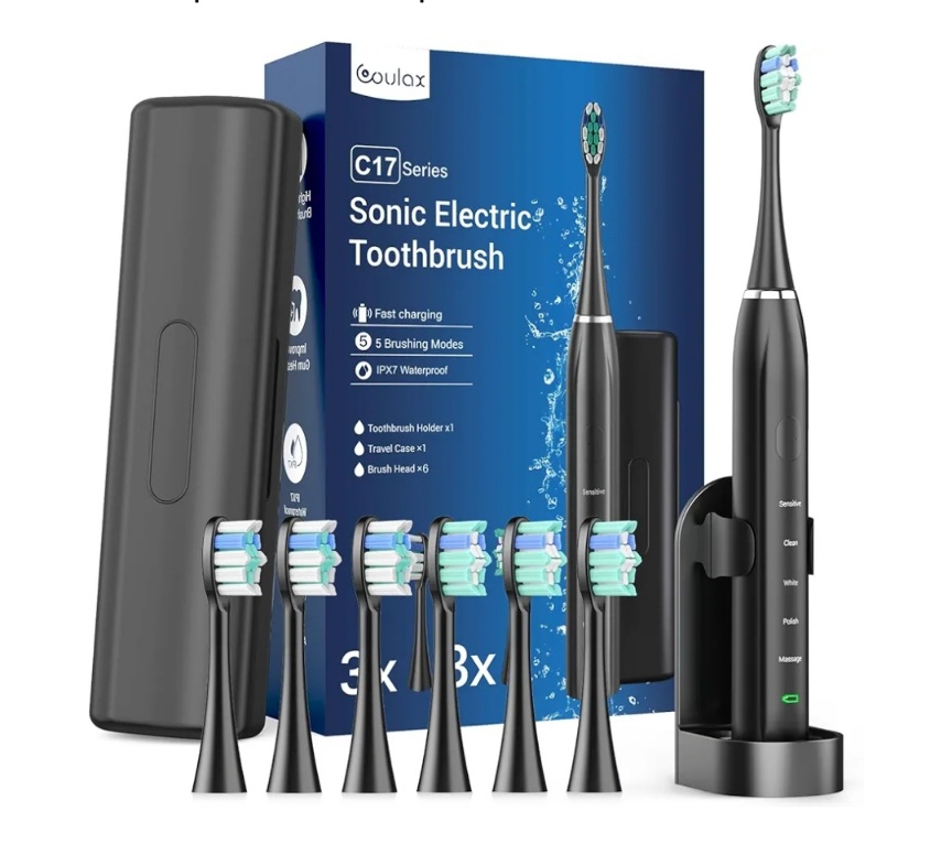 Cepillo de Dientes Eléctrico Sónico para Adultos y Infantil - Cepillo Electrico con 6 Cabezales y Estuche de Viaje, 5 Modos y Temporizador, Cepillos de Dientes Ultrasónicos, Negro