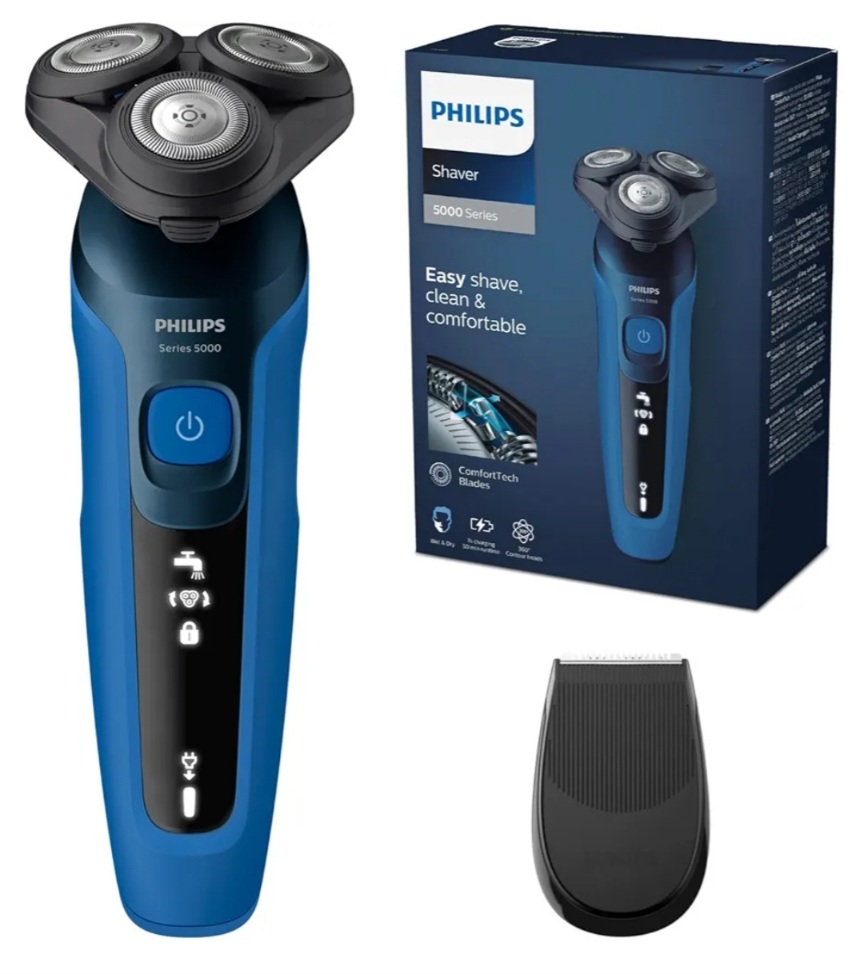 Afeitadora Eléctrica Hombre, Máquina de Afeitar Barba con recortadora, Philips Serie 5000 27 cuchillas, Cabezal flexible 360º, 50min de uso, En Seco y Húmedo, Recargable, Funda, S5466/18, Azul Negro