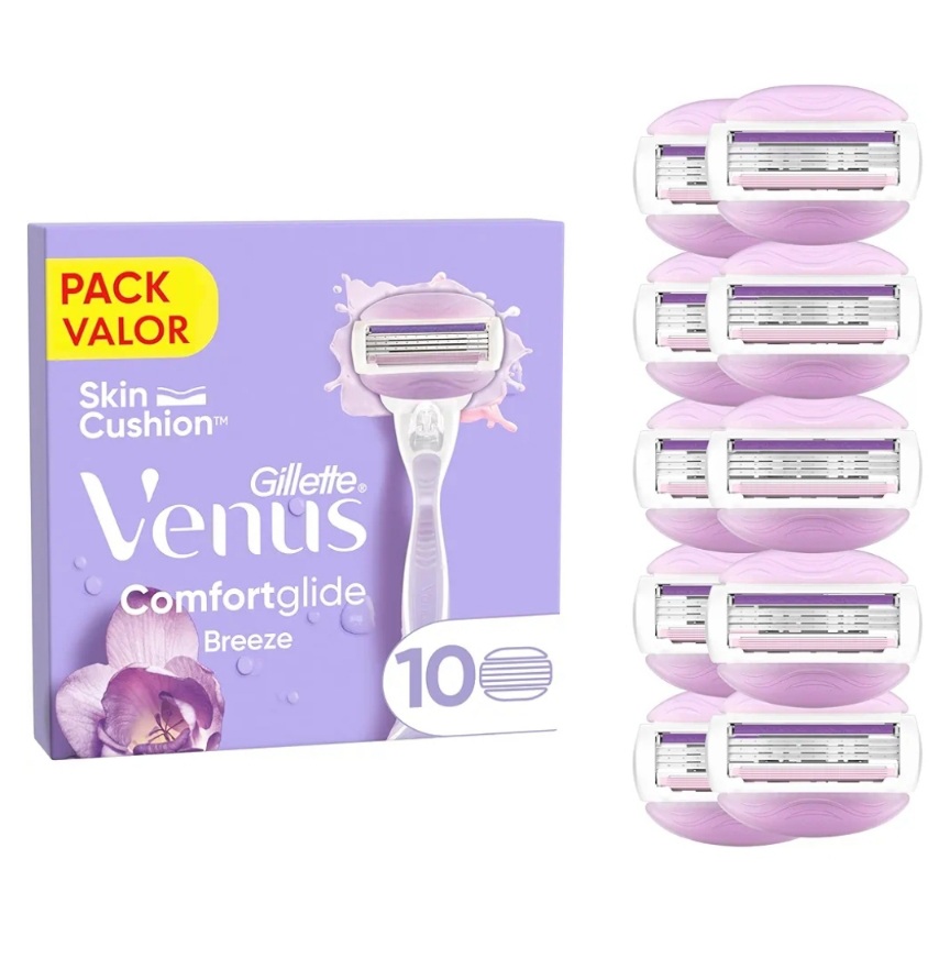 Venus Gillette Comfortglide, Breeze, Recambios Para Máquinilla De Mujer, Pack De 10 venus Recambios, cuchillas de afeitar mujer, Depilación Suave, Apurada Y Duradera