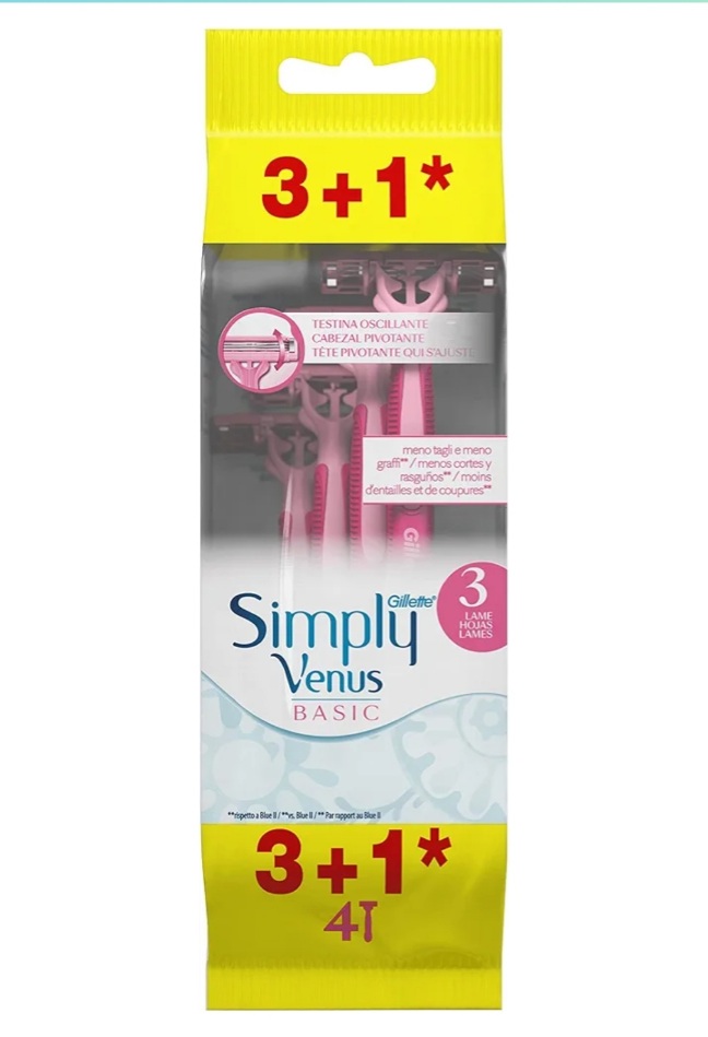 Venus Gillette Simply 3 Maquinillas de Afeitar Desechables Mujer, Paquete de 4 Cuchillas de Afeitar