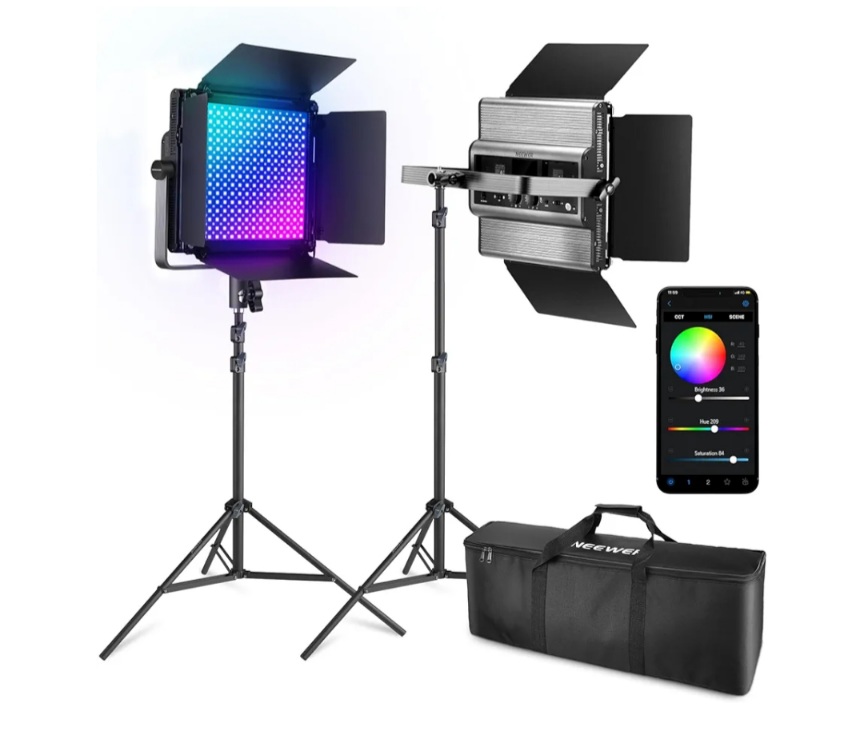 Kit de Luz de Video Panel LED RGB, Control App/2.4G 60W con Soporte, 22000Lux@0.5m/Atenuación Precisa/CRI+97/TLCI+98/2500K-8500K/18 Efecto Iluminación Continua para Estudio Fotografico NEEWER RGB1200